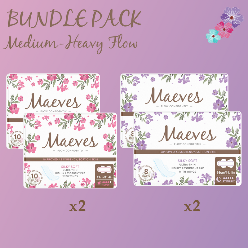 BUNDLE 2: Heavy Flow Bundle - Super + Overnight Pads (2 Sizes) - Organic, Ultra-Thin, Renewable Fibres, Silky Smooth, Protects Body & Skin