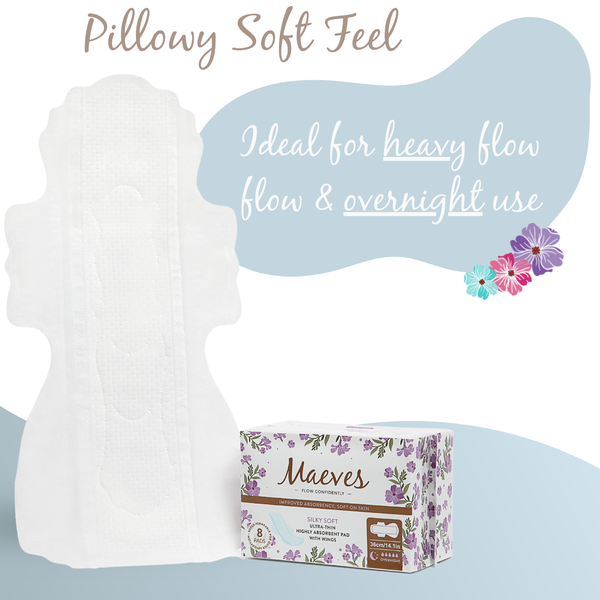 Overnight Organic Sanitary Pads with Wings - Ultra-Thin, Renewable Fibres, Silky Smooth, Protects Body & Skin