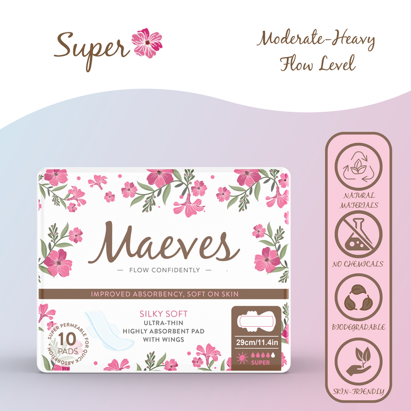 Super Organic Sanitary Pads with Wings -  Ultra-Thin, Renewable Fibres, Silky Smooth, Protects Body & Skin