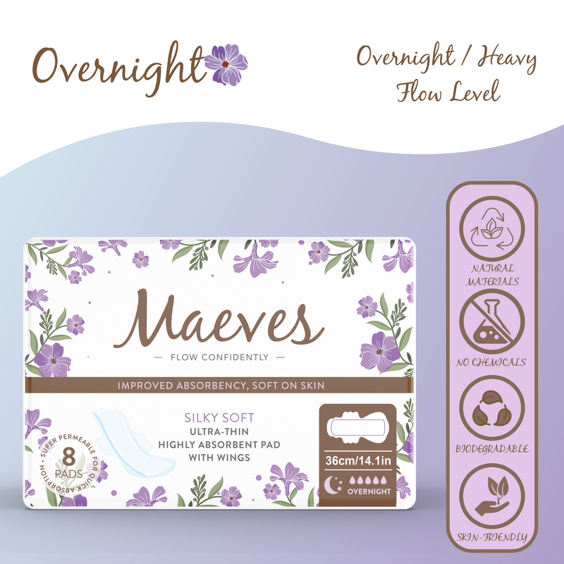 Overnight Organic Sanitary Pads with Wings - Ultra-Thin, Renewable Fibres, Silky Smooth, Protects Body & Skin